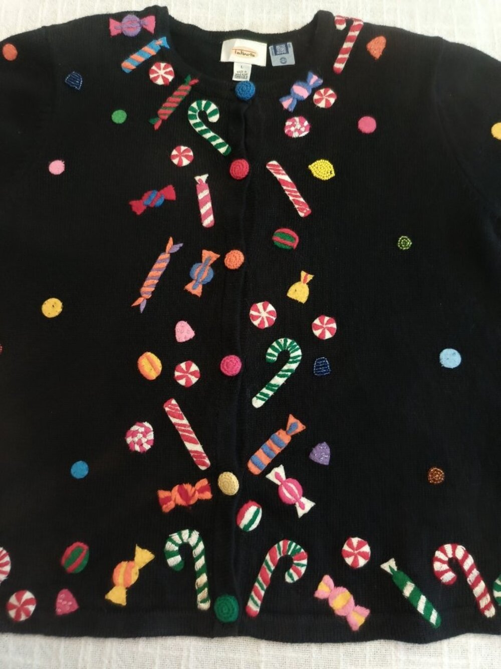 Vintage Talbots Hand Knit Christmas Holiday Sweater Cardigan Candy Canes Size L - Picture 2 of 15